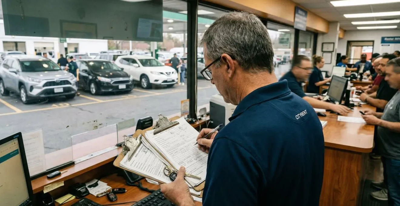 A fleet manager reviews paperwork at a rental branch counter, vehicles visible through the window behind, slight motion blur suggesting a busy environment