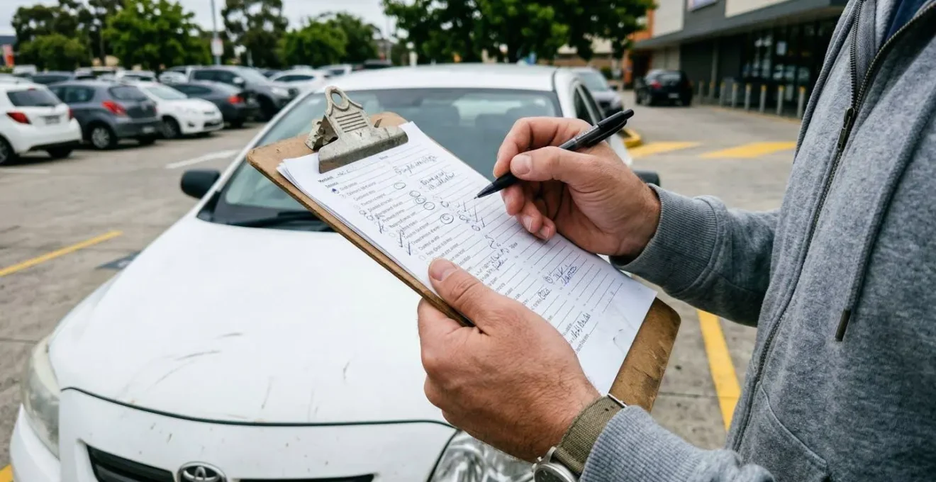 Close-up of hands holding a clipboard with a vehicle inspection checklist, partial view of a rental car bonnet visible in the background under outdoor lighting
