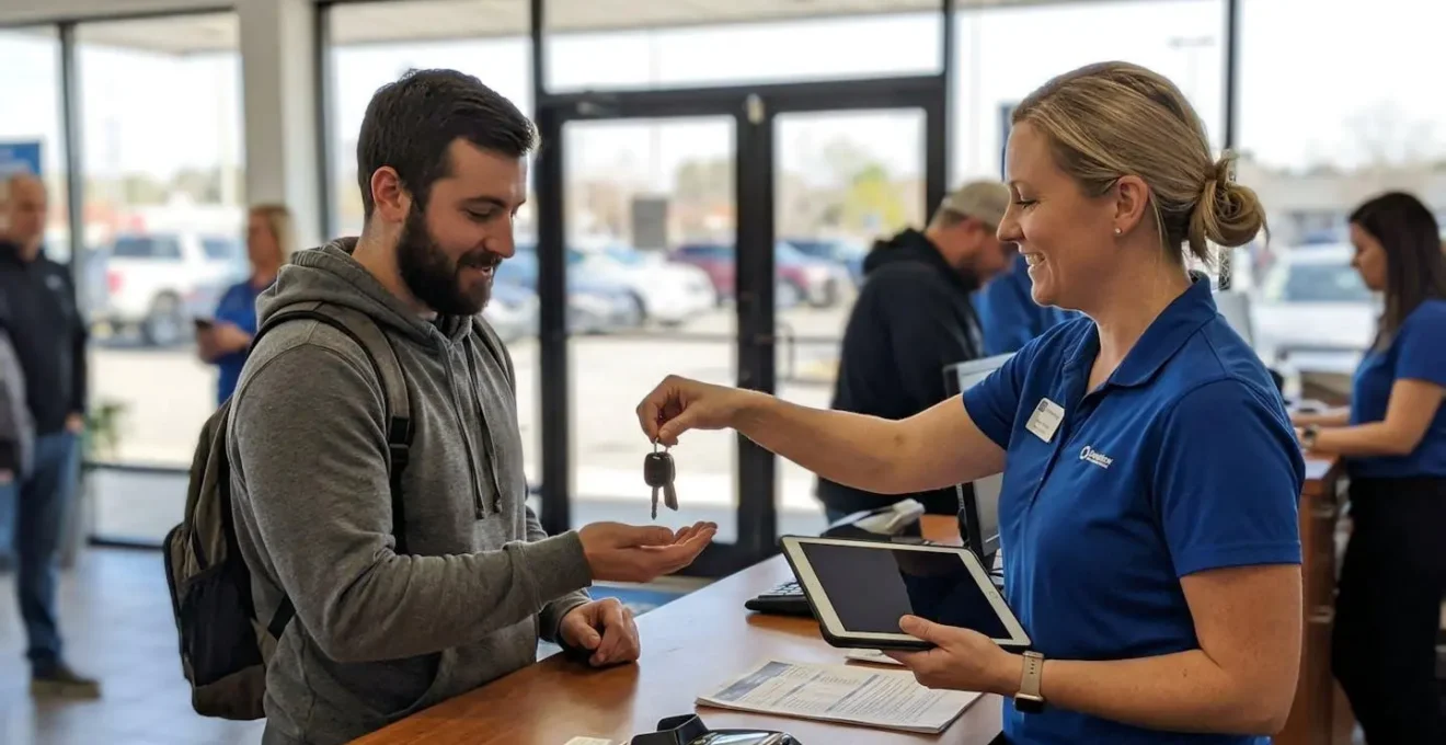A rental agent hands car keys to a customer at a branch desk, tablet device held with screen facing away, natural office environment with vehicles visible through glass frontage