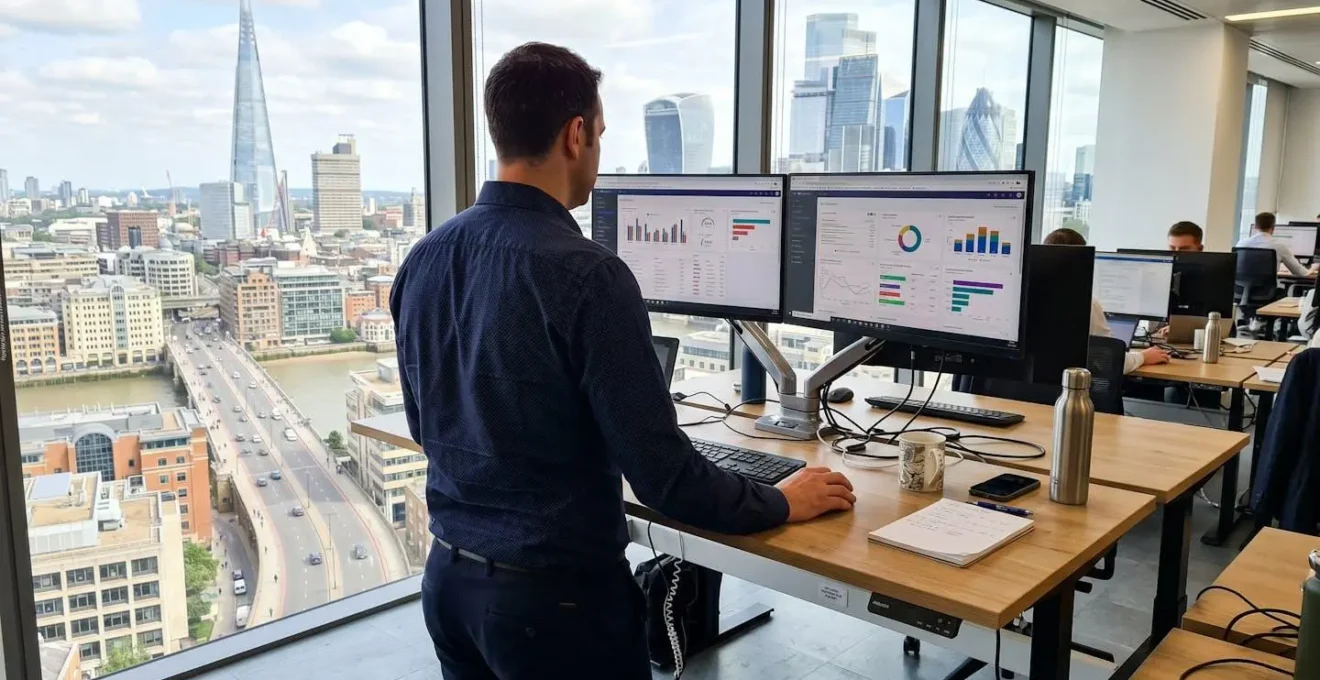 Back view of a professional at a standing desk reviewing analytics on dual computer monitors in a modern office