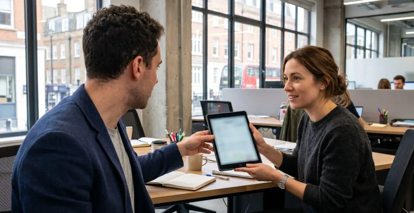 Two professionals in a modern rental office reviewing fleet data on a tablet together, seen from over the shoulder with natural daylight