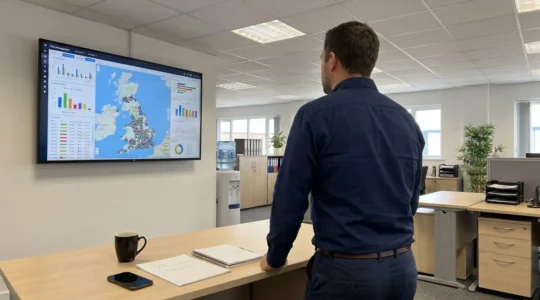 Two professionals in a modern rental office reviewing fleet data on a tablet together, seen from over the shoulder with natural daylight