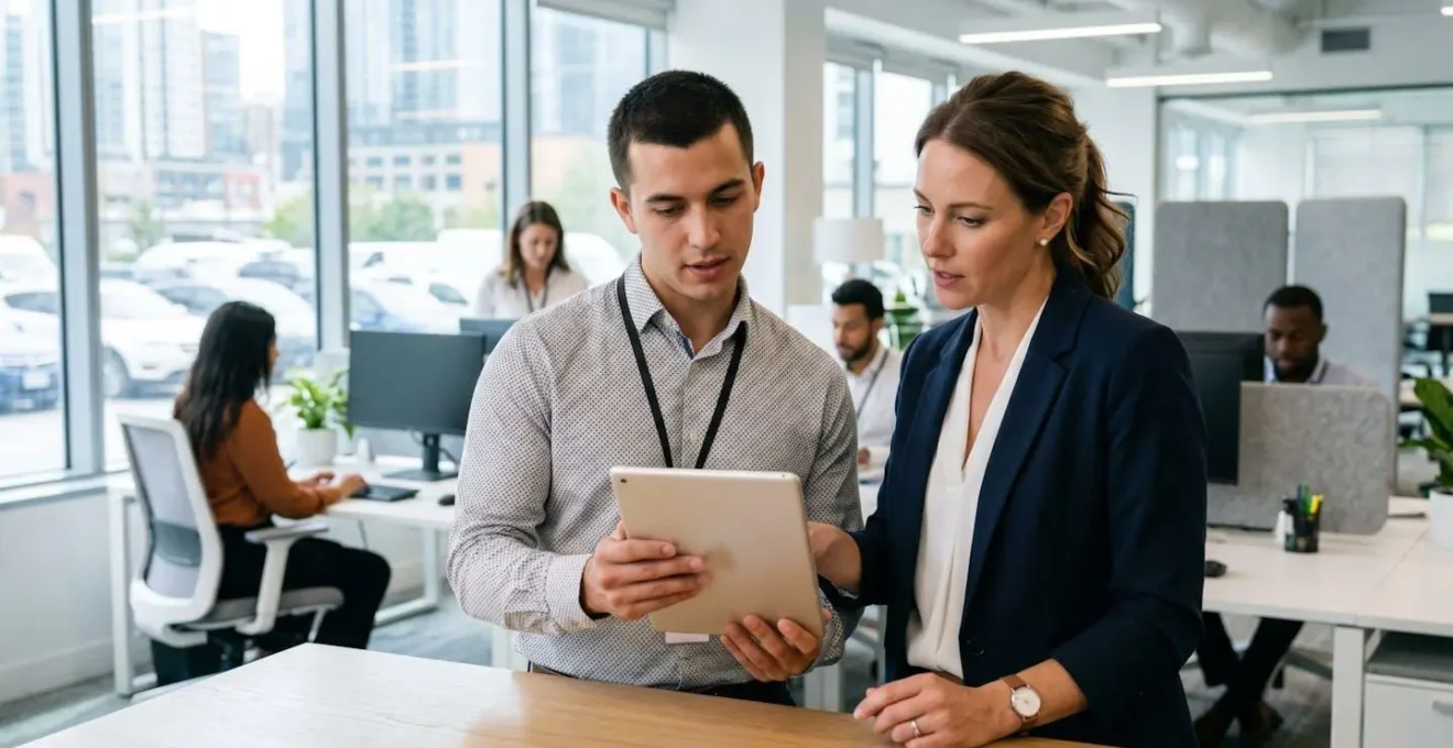 Fleet manager viewed from behind reviewing data on a tablet in a contemporary office with natural window light