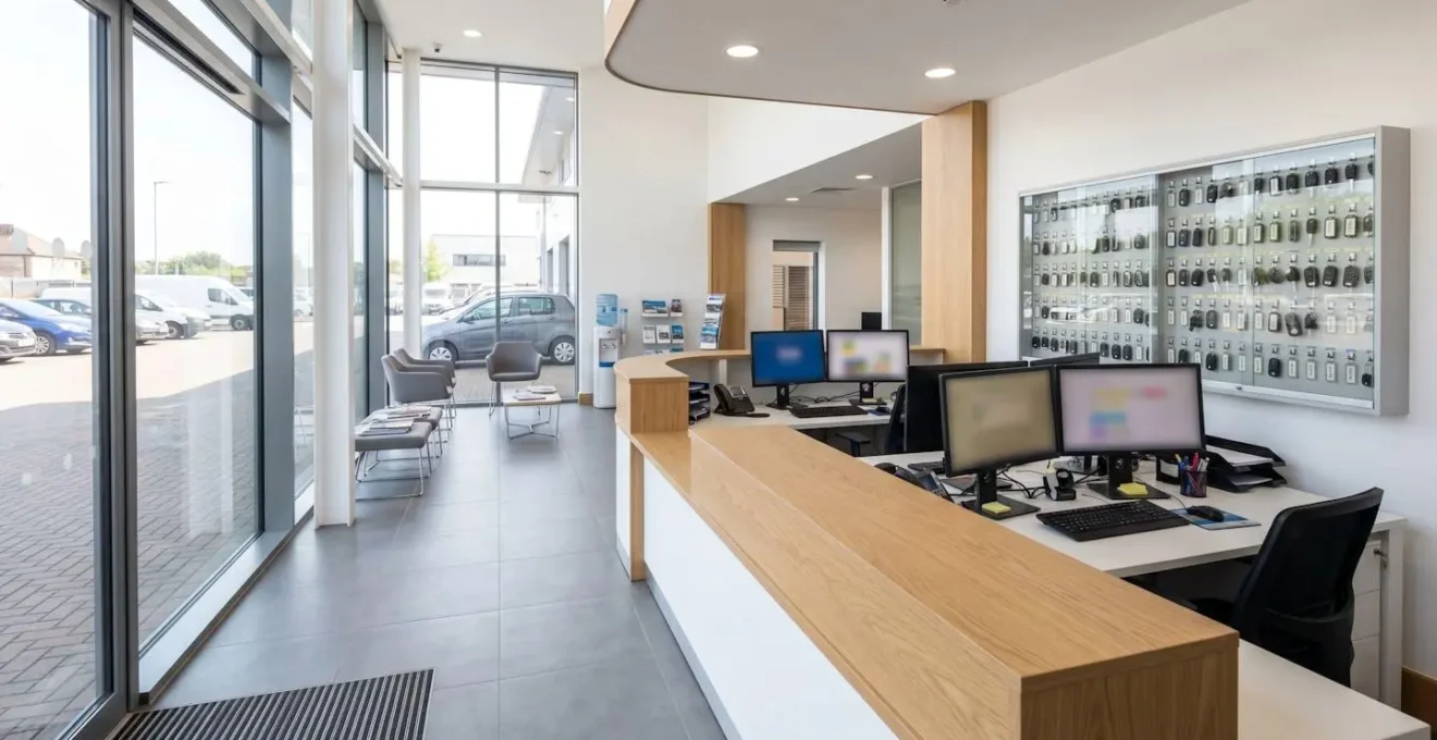 Wide-angle view of a contemporary vehicle rental office reception area with computer monitors on the desk and a key storage system on the wall