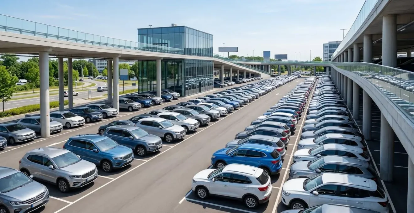 Wide-angle environmental shot of modern rental vehicle fleet organized in clean rows in a contemporary parking facility under bright natural daylight